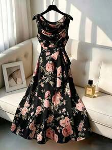 CURVE Vestido floral sin mangas con lazo en la cintura para mujer de talla - Negro - Ver 1