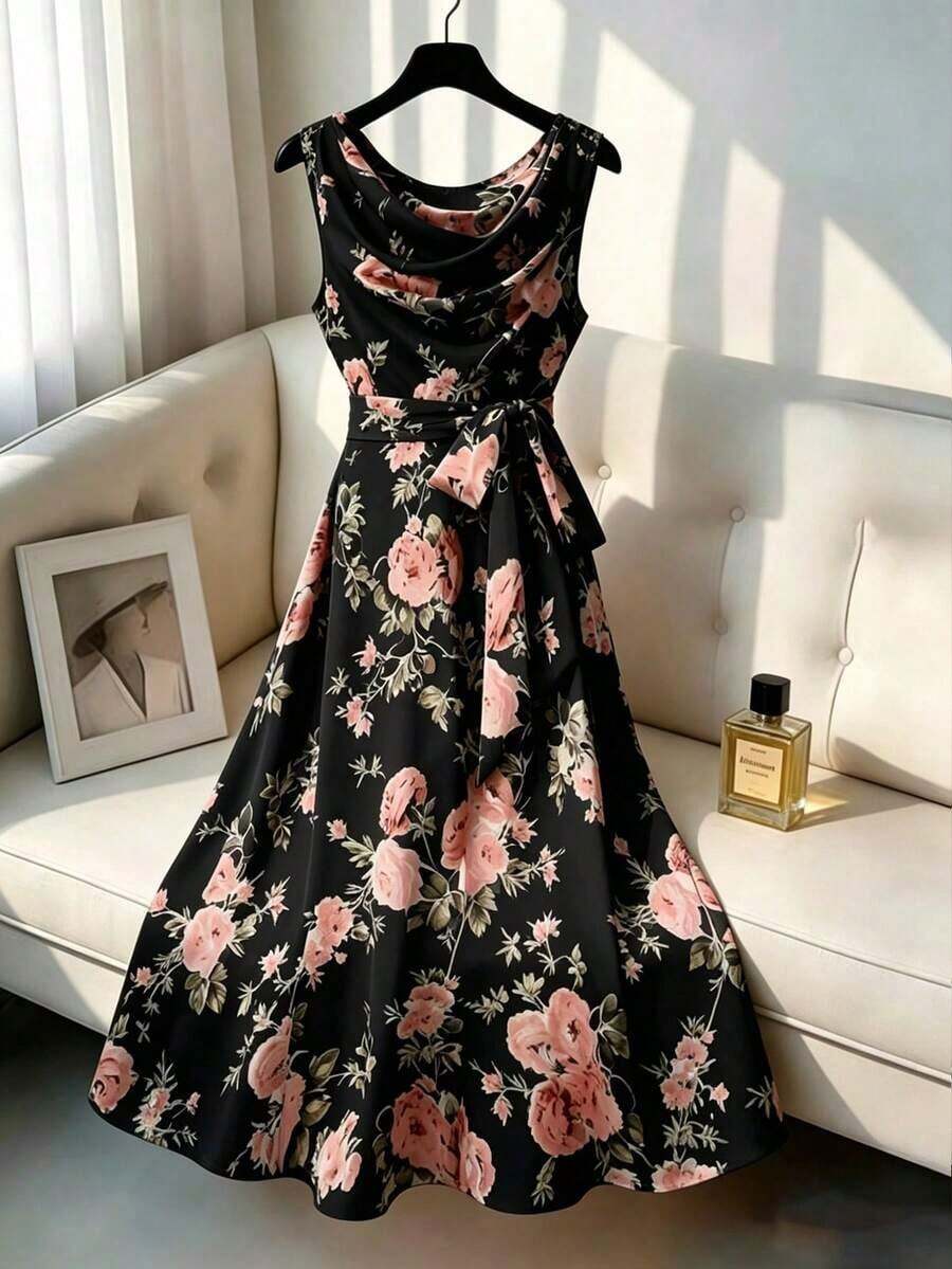 CURVE Vestido floral sin mangas con lazo en la cintura para mujer de talla - Negro - Ver 1