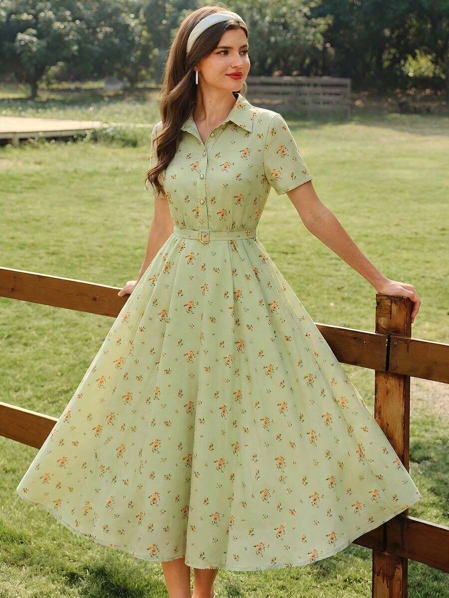 Vestido de mujer elegante y vintage con bolsillos y cinturón, vestido camisero con estampado floral, cierre con botones, vestido casual para ir y venir, vacaciones, vestidos de verano para mujer, atuendos de vacaciones de verano, atuendos de primavera para mujer, vestidos de primavera para mujer, ropa de primavera para mujer, atuendos de vacaciones de primavera, vestidos elegantes para fiestas, vestidos elegantes para fiestas para mujer, vestido de invitada de boda para mujer, vestido de fiesta de boda, vestido de graduación, vestidos elegantes para ceremonias, vestidos elegantes para mujer, vestido formal - Verde - Ver 1