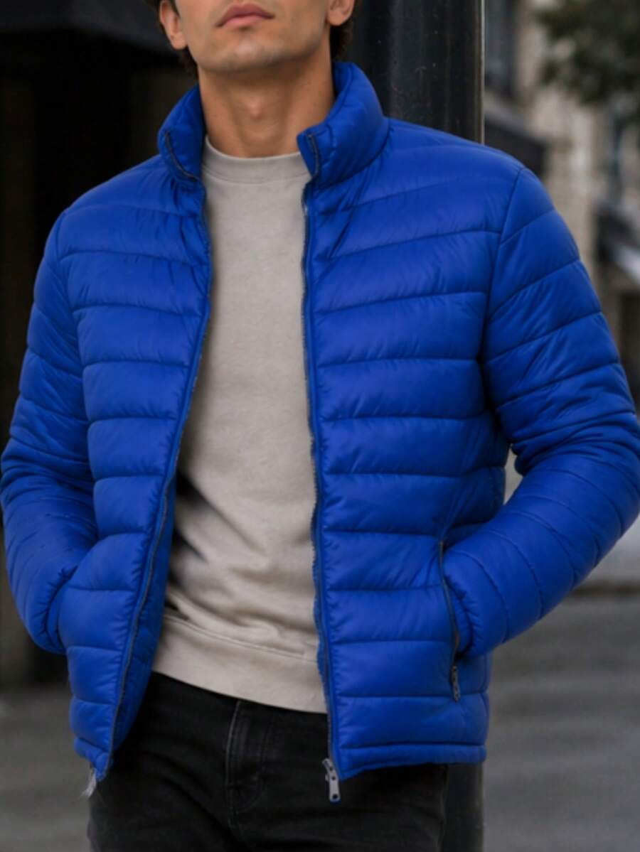 Men's HPC Polo Fleece Puffer Jacket, Warm, Casual, Basic, No Hood, Youthful And Modern Style, Ideal For Winter Or Cold Weather - Royal Blue - View 1