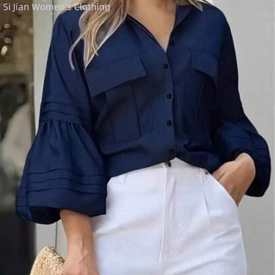 Fashion Women's Clothing Camisa de oficina casual y elegante para mujer - Nueva colección de primavera/otoño, adecuada para el trabajo en color negro - Azul - Ver 1