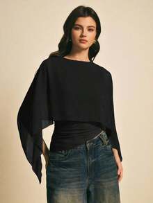Blusa elegante de mujer con cuello de chal de unicolor - Negro - Ver 4