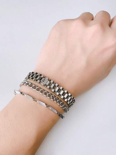 Bộ 3 vòng tay thép không gỉ tối giản thời trang, thiết kế xếp chồng, bền bỉ, chống phai màu, phù hợp để đeo hàng ngày, phụ kiện đa năng phong cách sang trọng