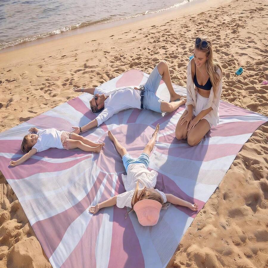 1pc Extra Large Light Pink Radiant Pattern Quick-Dry Beach Blanket, Suitable For 1-3 Adults - Lightweight, Durable Polyester Fabric - Perfect For Travel, Camping, Hiking And Leisure Beach Time, Beach Mat, Camping Ground Cover - Light Pink Radial Pattern - View 1