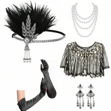 Bộ 5 món: Băng đô lông vũ phong cách retro thập niên 1920, khăn choàng đính sequin, vòng cổ ngọc trai giả, bông tai, găng tay đen - Phụ kiện trang phục cho dạ hội hóa trang, tiệc tùng, váy dạ hội trang trọng, đi biển, kỳ nghỉ, phụ kiện, đồ dùng cần thiết khi đi du lịch. - Nhiều màu - Xem 37