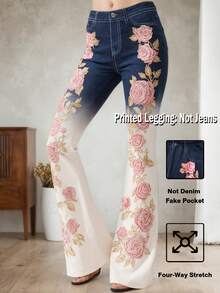 Pantalones estampados de talla grande, [pantalones estampados - no de tela de mezclilla] Pantalones acampanados de ajuste entallado con estampado de imitación de mezclilla, estampado floral, estampado con efecto de tela de imitación de mezclilla, bolsillos y botones de imitación, y estilo vintage de - Azul oscuro - Ver 3
