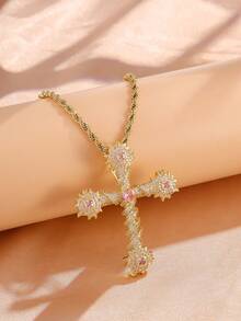 1pc Minimalist Vintage Cross Pink Zirconia Necklace, Clavicle Chain, Suitable For Christian Women Daily Wear Jewelry Accessory, Gift - Cross - View 3