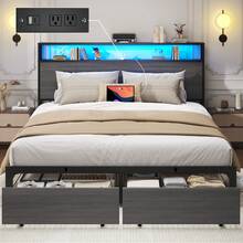 Queen & Full Bed Frame With Storage, 2-Tier Storage Headboard & Built-In Drawers, Metal Platform Bed With USB Charging Station & LED Lights, Noise Free, No Box Spring Needed, Easy Assembly,Rustic Grey - Grey - View 12