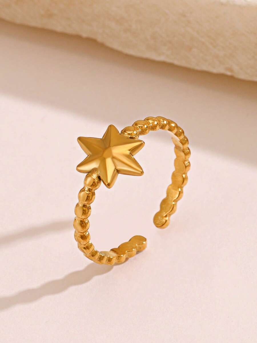1 chiếc nhẫn điều chỉnh được bằng thép không gỉ mạ vàng 18K hình ngôi sao tối giản, phù hợp cho nữ giới đeo hàng ngày, dự tiệc và các buổi gặp gỡ. - Vàng - Xem 1