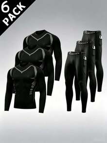 6pcs Men's Sports Compression Set - Breathable Long Sleeve Top & Pocket Long Pants, Elastic Quick-Dry Fitness Running Training Outfit - Black - View 2