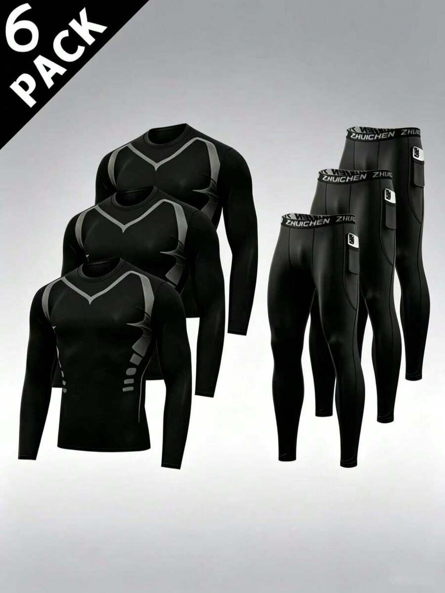6pcs Men's Sports Compression Set - Breathable Long Sleeve Top & Pocket Long Pants, Elastic Quick-Dry Fitness Running Training Outfit