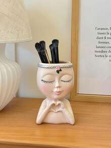 Cute Face-Shaped Makeup Brush Holder, Suitable For Vanity Tabletop | Decorative Desktop Storage Box, Can Hold Brushes, Pencils, Cosmetics | Japanese Cute Beauty Stationery Organizer | Aesthetic Room Desk Decor - Multicolor - View 4