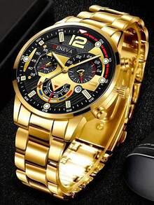 Alloy Steel Strap Men's Casual Sports Watch With Calendar, Suitable For Daily Life - Gold - View 1