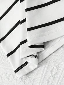 Blusa sin mangas de estilo casual con cuello de solapa y contraste de color a rayas, adecuada para salidas diarias en primavera/verano - Blanco y Negro - Ver 6