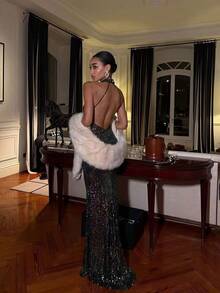 Elegant Sequin Backless Romantic Sexy Women's Dresses Fall Wedding Party Black - Black - View 6