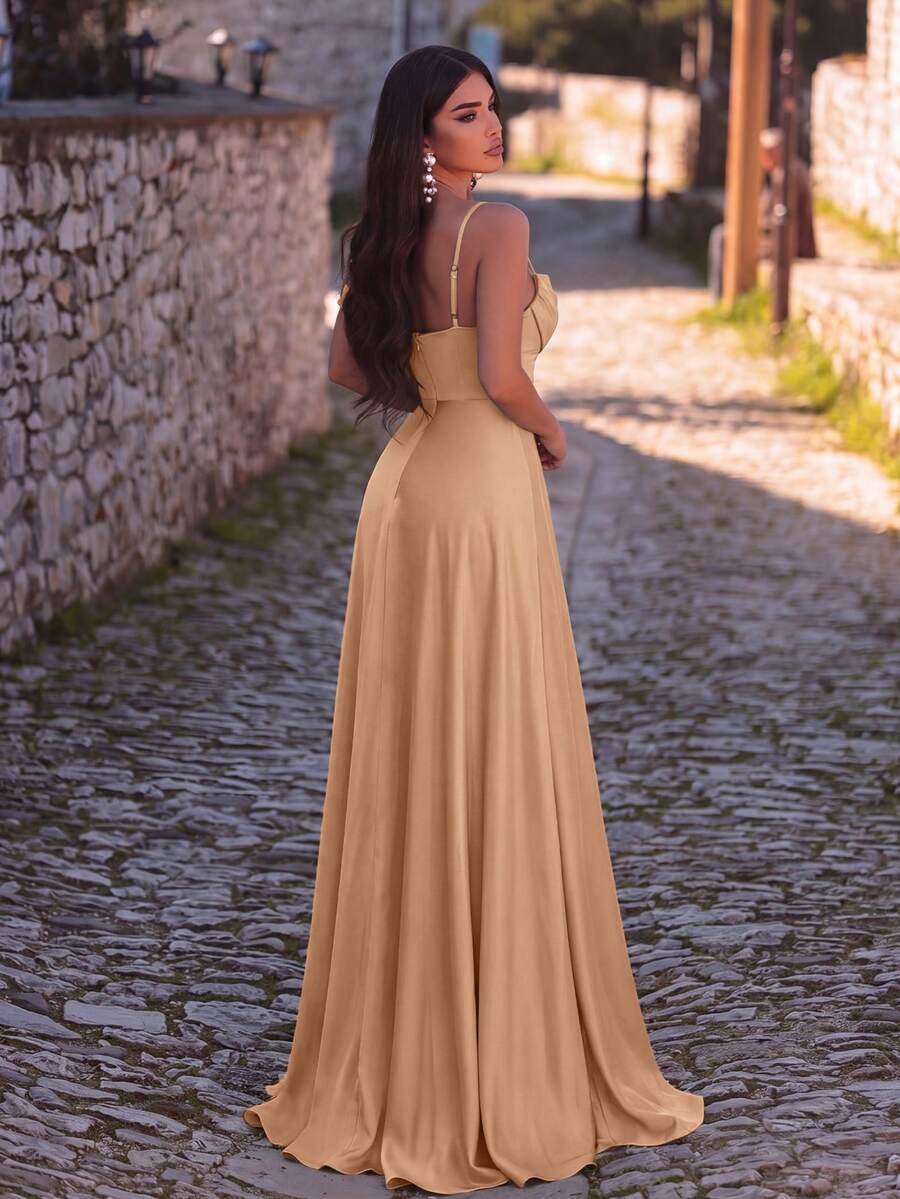 Faeriesty Vestido de dama de honor de punto largo sin mangas con abertura en la espalda, adecuado para bodas y eventos de primavera/verano - Champán - Ver 1