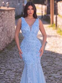 Faeriesty Elegant Women's Sleeveless Deep V-Neck Mermaid Style Long Dress, With Hollow Mesh Back Design Fall Wedding - Blue - View 3