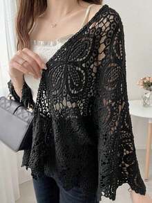Cárdigan ligero y transparente de encaje para mujer, adecuado para la playa y las vacaciones - Negro 2 - Ver 1