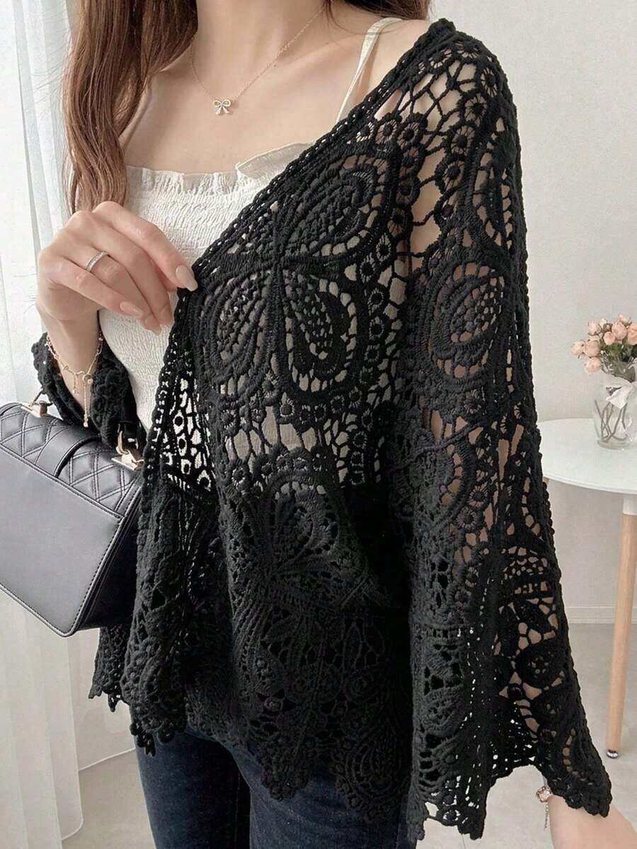Cárdigan ligero y transparente de encaje para mujer, adecuado para la playa y las vacaciones - Negro 2 - Ver 1