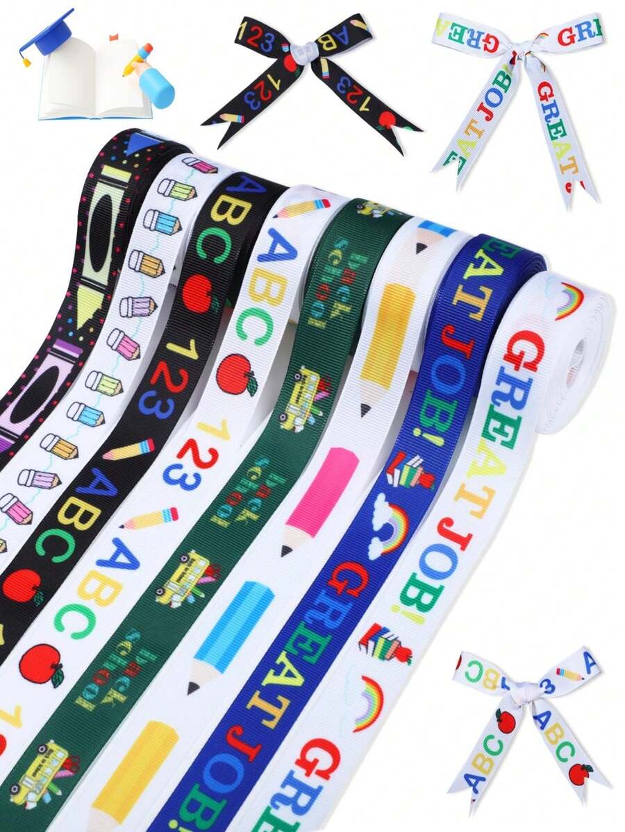 8 Rolls Back To School Grosgrain Ribbon 0.98 Inch Welcome School Ribbons School Bus Pencil Apple ABC Pattern Fabric Decorative Craft Ribbon For DIY Crafts Teacher Appreciation Gifts Wrapping, Room Decor, 40 Yards - Back to School Theme - View 1