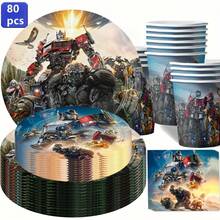 Robot Warrior Theme Disposable Party Tableware Set, Action Character Print Paper Plates, Cups And Napkins Set, Suitable For Birthday, Movie Night Party Supplies - Multicolor - View 10