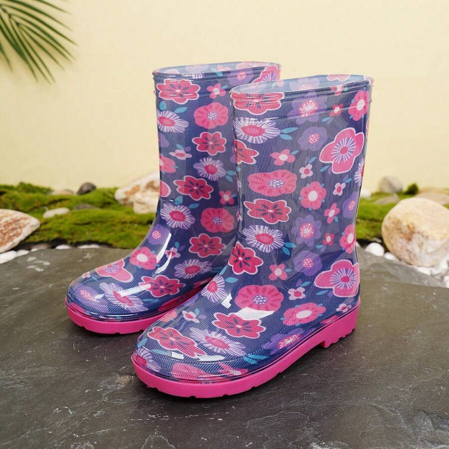 Kids Dinosaur Pattern Mid-Calf Rain Boots, Cute Fashion Companion For Dates - 紫色 - 查看 1