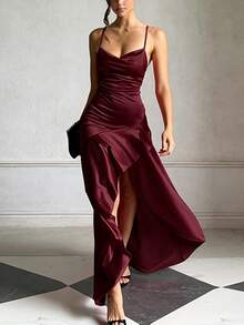Vestido de fiesta rojo de verano con espalda descubierta, volantes y cuello cuadrado, elegante, adecuado para citas, vacaciones y playa - Burdeos - Ver 4