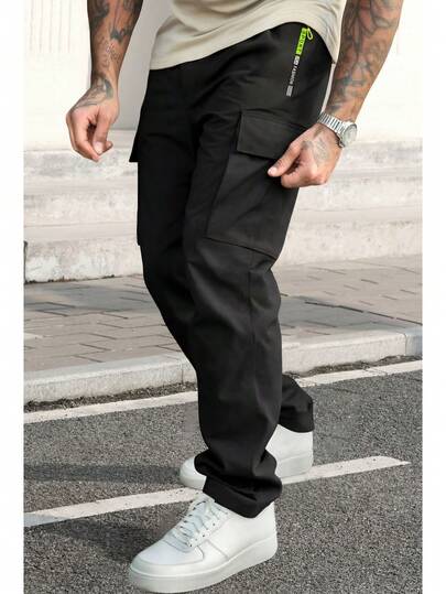 Men's Casual Pants, Spring & Autumn Solid Color Sports Multi-Pocket Outdoor Cargo Pants, Straight Leg Zipper Sports Trousers Black Fall