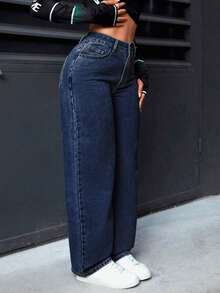 PETITE Jeans rectos de cintura alta lavados de estilo casual para mujer - Azul lavado oscuro - Ver 5