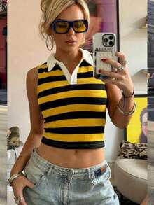 Áo thun nữ HoloChill 2026 mới, kiểu dáng casual kẻ sọc, áo tank top dệt kim không tay kẻ sọc dáng ngắn, mùa hè, chất liệu co giãn cao, dáng regular fit, phong cách casual thời trang, áo nữ casual mùa hè, áo nữ dự tiệc ngày lễ, trang phục đi biển cho nữ, áo nữ casual thanh lịch, áo chấm bi. - Màu vàng - Xem 2