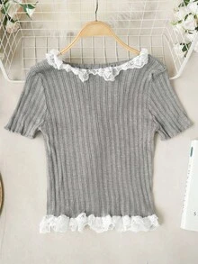 New Design Lace Patchwork Cropped Top, Unique Sweet & Spicy Style, Flattering Fit, Short Sleeve Cardigan For Spring/Summer - Gray - View 5