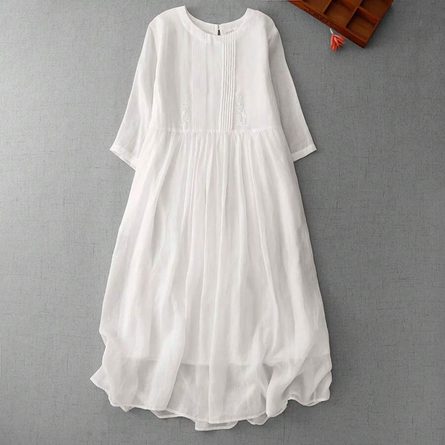 Elegante Vestido de Lino Bordado de Verano para Mujer, Falda Larga de Gasa Blanca, Estilo Vintage con Dobladillo Ancho de Alg... - Falda blanca - Ver 1