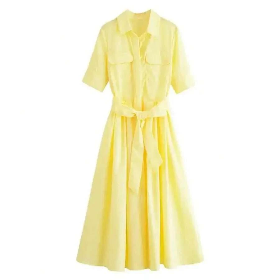 Vestido de mujer con efecto adelgazante, diseño versátil, informal, nuevo estilo, manga corta, hasta el tobillo, cuello tipo de fibra de poliéster - Amarillo - Ver 1