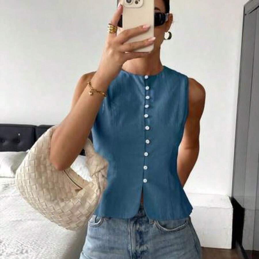 Fashion Women's Clothing Camisas sin mangas de unicolor de tela texturizada con abotonadura, para verano - Azul - Ver 1