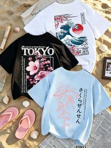3pcs/Set Summer New Fashion Sakura Landscape Printed Combination, Casual Round Neck Short Sleeve T-Shirt, Versatile Tops For Women - White and Black and Light Blue - View 1