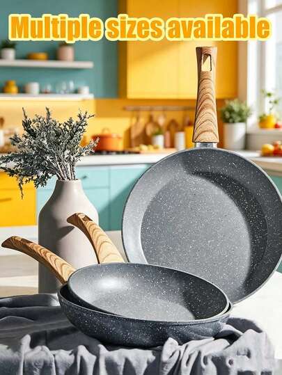 Sleek Non-Stick Frying Pan With Wood Grain Handle Granite Coating Skillet Pan For Women Men Home Chefs Premium Granite Cookware For Frying Steak Eggs Pancakes Cooking Melting Induction Compatible Omelet Pan Easy Clean Kitchen Utensils Healthy Dining Cookware Accessories