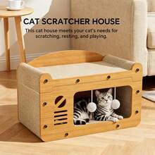 Multi-Functional Cat Scratcher House, 2-In-1 Cat Bed & Cardboard Scratcher With Hanging Balls, Indoor Cat Cave For Resting, Playing & Scratching - 56*30*30cm - View 3