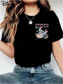 Disney Officially Licensed 100% Cotton T-Shirt, Unisex Short-Sleeve T-Shirt, Genuine Licensed Stitch Print, Soft And Skin-Friendly Stretchy Casual Short-Sleeve Top, Stylish Short-Sleeve Round-Neck T-Shirt For Women - 黑色 - 查看 2