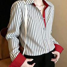 Camisa de mujer de manga larga con cuello, con ribete de contraste rojo, bajo asimétrico, camisa polo de rayas azul marino y rojo, elegante y casual francesa, para uso diario en primavera, color blanco - Verde - Ver 5