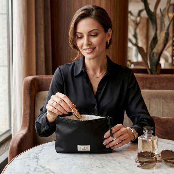 Túi đựng mỹ phẩm cỡ lớn bằng satin đen hiệu GUCCI Beauty, túi trang điểm du lịch có khóa kéo.