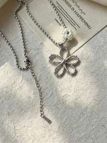 Korean Style Metal Beaded Pearl Flower Long Hollow Flower Pendant Necklace, Lightweight Luxury Sweater Chain For Women - Silver - View 5