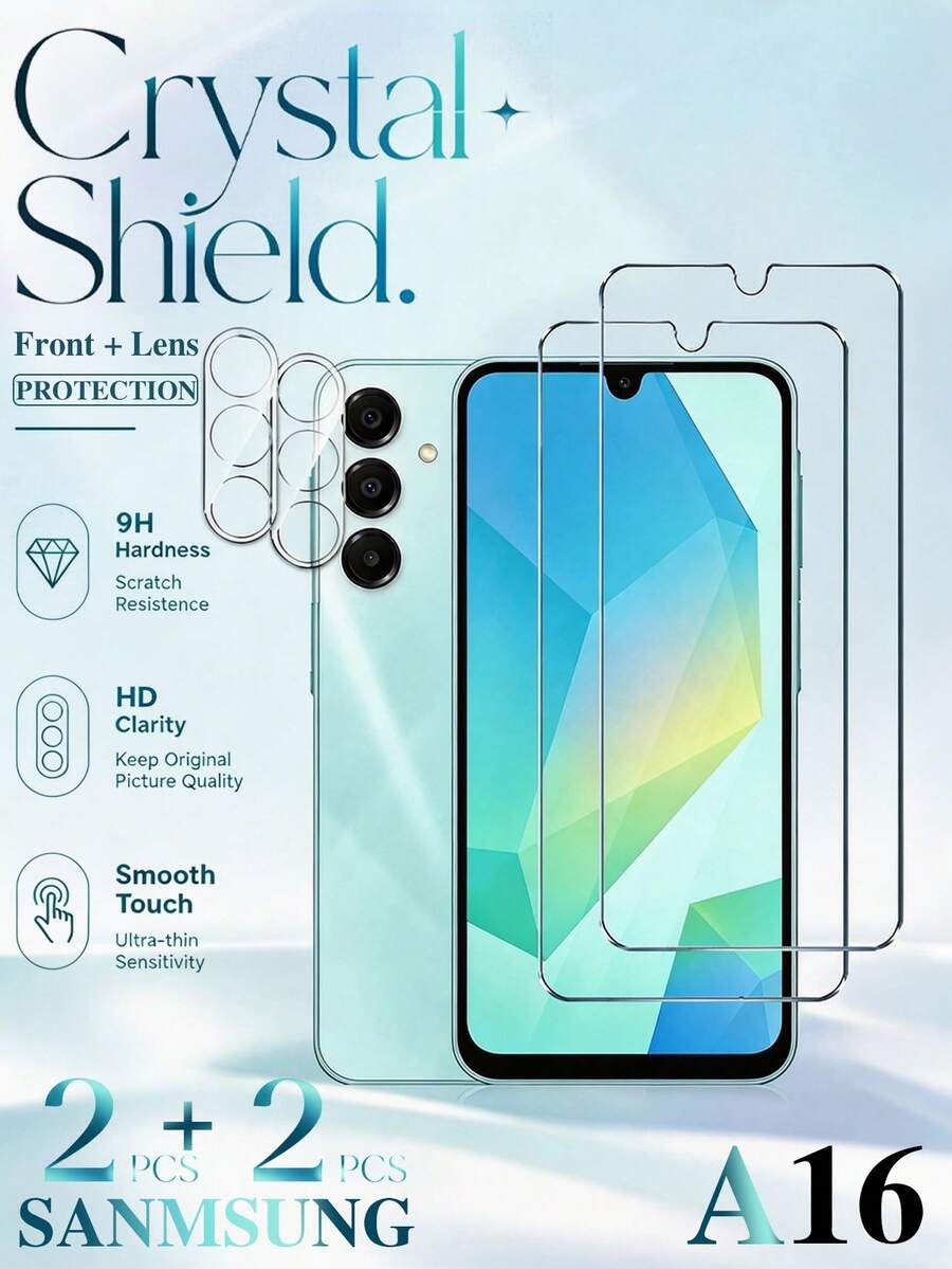4合1套裝 - 適用於 Galaxy A16,包含 2 個螢幕保護貼 + 2 個相機鏡頭保護貼,強化玻璃,超清 9H 硬度,適用於 Galaxy A17/A16/A14/S21FE/S23FE/A54/A15/A31/A34/A35/A55/M53/M54/M55 手機殼,無氣泡,耐用,完美手機配件,適合送給家人和朋友的禮物 - 無色 - 查看 1