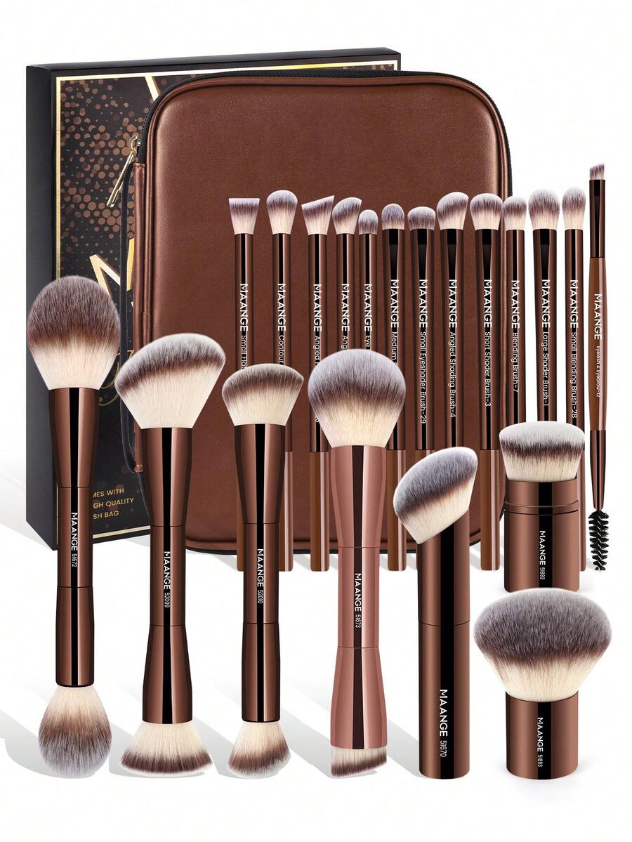 MAANGE 20pcs Professional Soft Aluminum Tube Makeup Brush Set Withtorage Bag,Soft Foundation Brush, Eyeshadow Brush, Eyebrow Brush, Blending Brush,Highlight Brush, Makeup Brush For Powder Liquid Cream,For Daily Use And Travel,Makeup Accessories Gifts For Friends ﻿ ﻿ ﻿ ﻿ - 20 cọ trang điểm + túi đựng màu cà phê - Xem 1