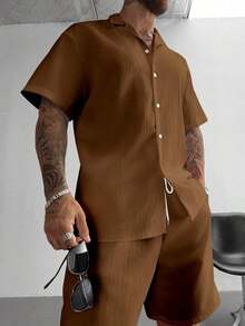 Set de 2 piezas Conjunto de verano para hombres, camisa de lino cubano ligera y transpirable y conjunto de pantalones cortos con cordón, estilo caballero vintage casual para playa, boda, fiesta, vacaciones, regalo del Día del Padre para esposo, papá, novio, cómodo y versátil - Marrón - Ver 5