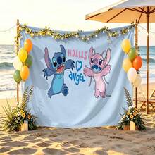 Disney Lilo & Stitch Wandteppich, süßer Muster von aufgeregtem Stitch und Engel mit Herzakzenten, leichter, weicher Stoff für Schlafzimmer, Wohnzimmer und Deko im Studentenwohnheim - 0 - Übersicht 2