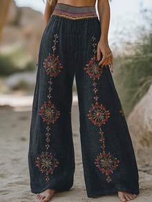 Plus Size - Plus Size - New Spring/Autumn Design Niche High Waist Retro Loose Casual Pants With Random Print Wide Leg - Black - View 12