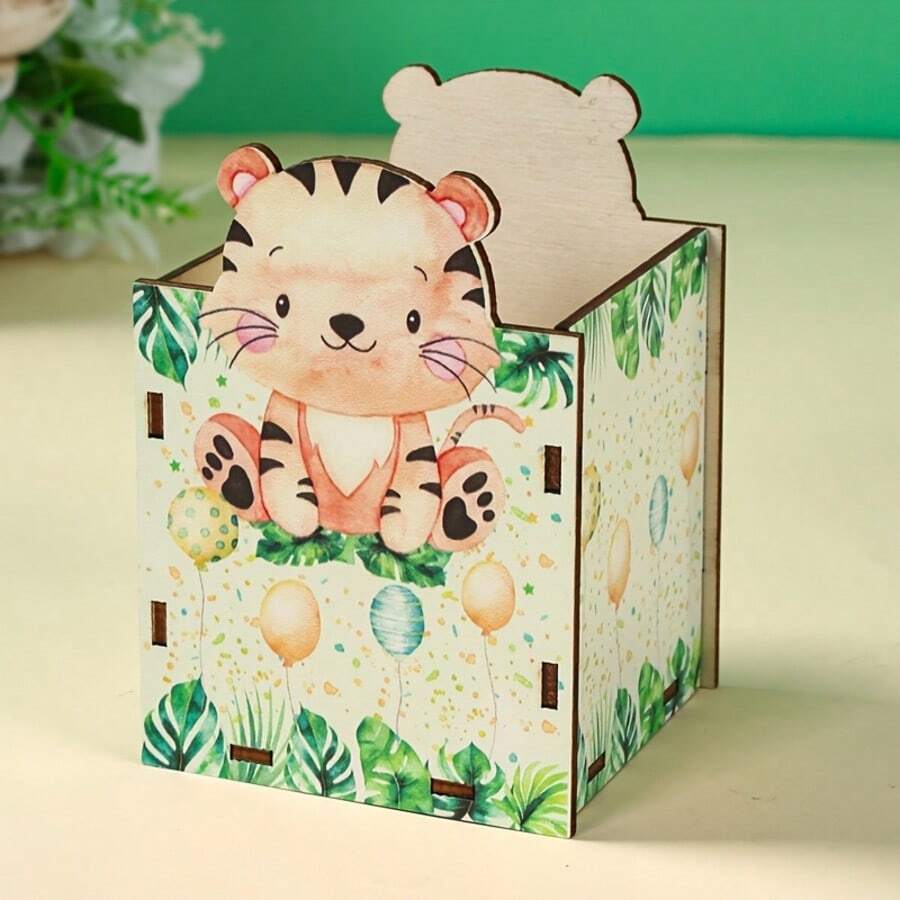 1個叢林動物木製收納盒 - 木製筆筒，大象、長頸鹿和猴子鏤空圖案，狩獵主題，適合嬰兒洗禮派對、生日派對裝飾、桌面擺飾 - 彩色 - 查看 1