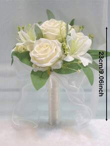 1件白色玫瑰與百合人造花束，西式戶外新娘手捧花附面紗，人造玫瑰與百合花束，婚禮手捧花，適合新娘 - 彩色 - 查看 9