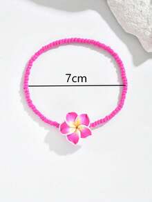 3pcs Bohemian Soft Ceramic Plumeria Pendant Seed Bead Anklet For Women, Daily Beach Vacation Wear, Summer Foot Jewelry - Hot Pink - View 2