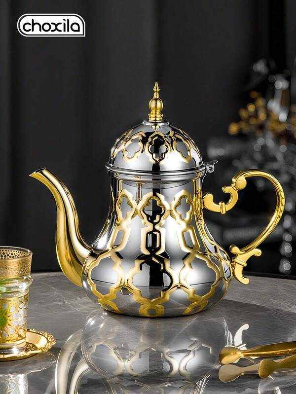 choxila 1pc Stainless Steel Polished Traditional Arabic Coffee Pot And Moroccan Mint Tea Pot - Middle Eastern Style Gold & Silver Twisted Pattern Curved Gas Stove Pot Suitable For Coffee/Tea, Perfect For Ramadan, Eid, Parties And Gifts, Home, Cafe